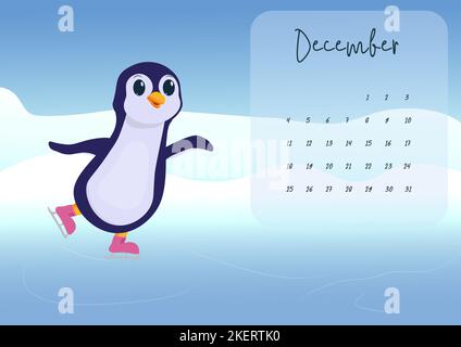 calendar 2023 december month with cute character penguin in winter snow skating on ice on the blue background, printable high resolution poster Stock Photo