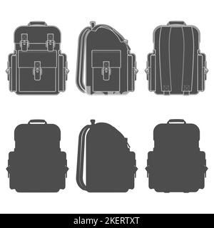 Set of black and white illustrations with a backpack. Isolated vector objects on white. Stock Vector