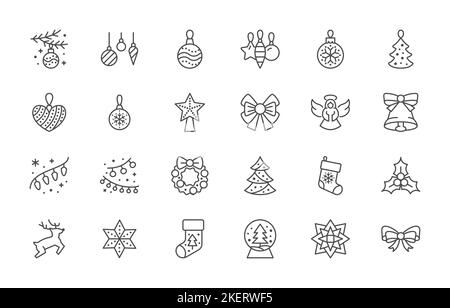 Christmas ornament line icon set. Xmas tree decoration, mistletoe, ball, wreath, angel, star minimal vector illustration. Simple outline sign for New Stock Vector