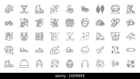 Winter sport vector flat line icons. Outdoor activities equipment snowboard, hockey, sled, skates, snow tubing, ice kiting, husky dog, climbing Stock Vector