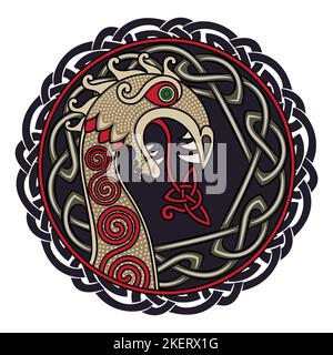 Scandinavian design. The nasal figure of the Viking ship Drakkar in the form of a dragon, and the Scandinavian twisted pattern Stock Vector