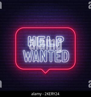 Help Wanted neon sign in the speech bubble on brick wall background. Stock Vector