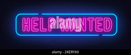 Help Wanted neon sign on brick wall background. Stock Vector