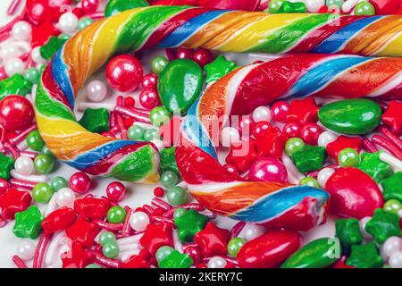 Christmas background of colorful candies and lollipops, macro photography Stock Photo