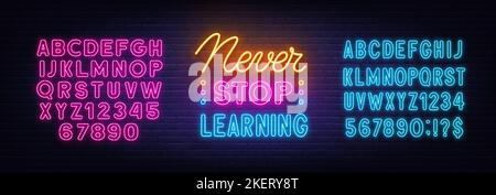 Never Stop Learning neon quote on a brick wall. Stock Vector