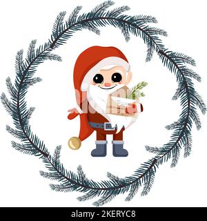 Small winter gnome with long white beard, happy face and holiday letter in fir tree frame. Character for New Year, Christmas and winter design. Vector flat illustration Stock Vector