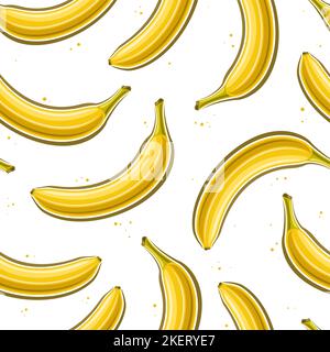 Vector Banana Seamless Pattern, square repeating background with cut out illustrations of whole yellow ripe bananas, group of flat lay single closed b Stock Vector