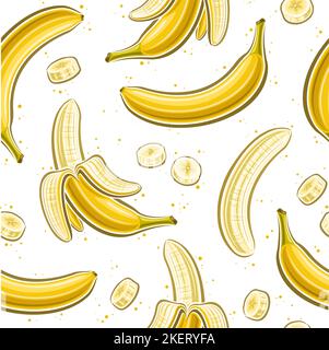 Vector Banana Seamless Pattern, square repeating background with cut out illustrations of whole opened ripe bananas, group of flat lay single closed b Stock Vector