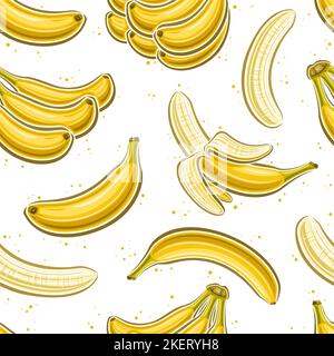 Vector Banana Seamless Pattern, square repeating background with cut out illustrations of single opened and closed ripe bananas, group of flat lay ban Stock Vector