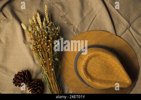 Abstract still life, background of pine cones and dried plants on textile piece and hat. Autumn still life concept and natural products. Stock Photo