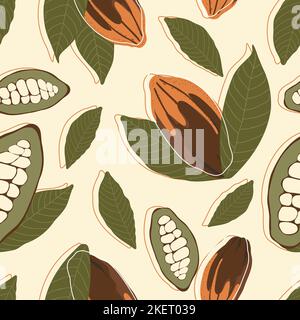 Cocoa tree fruit whole and sliced with leaves and natural cacao beans inside seamless pattern, exotic chocolate fetus, organic raw cocoa with outline vector illustaration Stock Vector