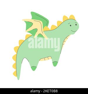 Cute little dragon, kawaii flying dino character, funny fairytale animal. Magic creature for any purposes. Happy birthday, party, print, cover. Doodle vector illustration. Cute funny pattern. Stock Vector