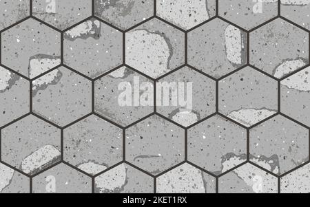 Seamless pattern of pavement with hexagon textured cracked old bricks Stock Vector