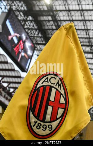 AC Milan logo is seen printed on a corner flag during the Serie A football match between AC Milan and AFC Fiorentina at San Siro stadium in Milano (It Stock Photo