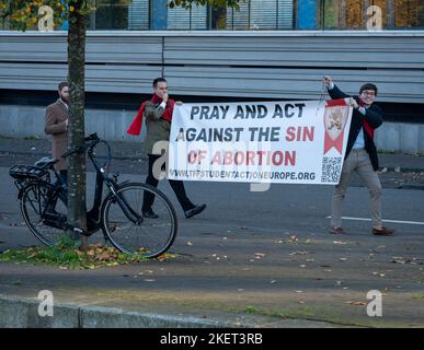 The Hague, South Holland, The Netherlands, 13.11.2022, March for life. Participants of the anti-abortion demonstration holding a sign saying 'Pray and Stock Photo