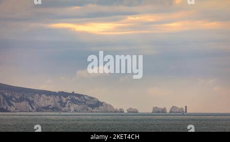 Crossing the Solent from Lymington to Yarmouth on the isle of Wight with views of the Needles south east England Stock Photo