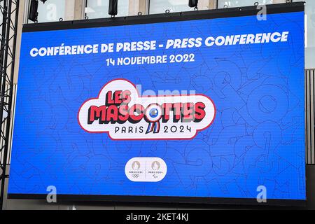 SAINT DENIS, FRANC - NOVEMBER 14: Phryge Mascot of Paris 2024 Olympic Games  waves at the press during the Press Conference to introduce the 2024  Olympic Games Mascots, at Pulse Building, Saint