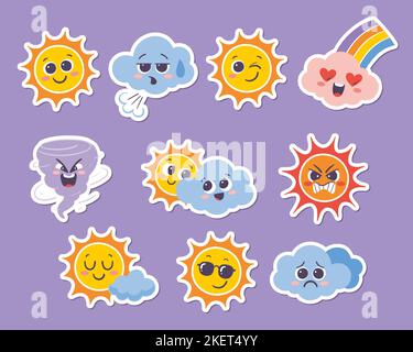 Weather forecast emoji stickers. Funny cartoon stickers of the sun and clouds with different emotions: happy, cool, sad, angry... Set 1 of 2. Vector i Stock Vector