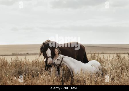 woman and 2 horses Stock Photo