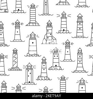 Lighthouse and beacon silhouette seamless pattern. Nautical wallpaper, sailing and sea travel outline vector background. Marine textile print with lighthouse building on seacoast rock Stock Vector