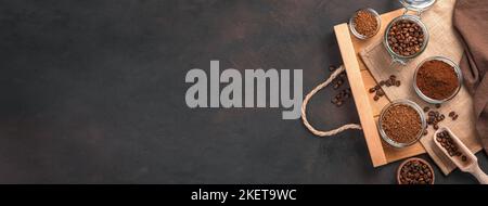 Coffee beans, ground and granulated coffee on a brown background Stock Photo