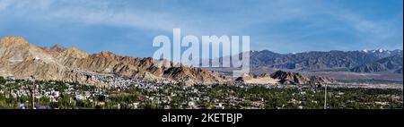 Panoramic view of Leh town in India situated at over 11500 feet above mean sea level in India Stock Photo