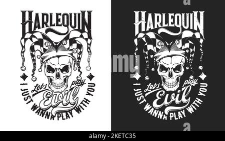 Angry harlequin skull t-shirt print. Clothes, apparel or tshirt Halloween custom vector print with evil jester skeleton heal, scary joker or dead clown skull in fool cap, retro typography Stock Vector