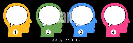 Numbered men with empty bubbles in heads for text or answer placement. Male quiz, or sociological survey vector banner illustration. Stock Vector