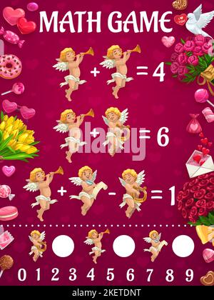 Addition with cute cartoon rose flower. Educational math game for kids ...