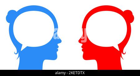 Women communicating face to face. Different or same point of views, opinions, concept vector illustration. Two adult female persons with text bubbles and geometric figures, talking to each other. Stock Vector