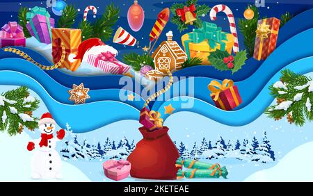 Christmas paper cut Santa gifts bag with presents and snowman. Vector winter holiday card of Xmas tree branches, gift boxes, balls and candy canes, snowflakes and bell on snowy forest background Stock Vector
