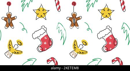 Xmas vector pattern. Christmas decorations with sock, candy cane, star, angel, gingerbread man. One continuous line art drawing pattern Stock Vector