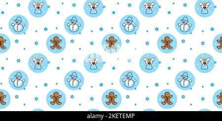 New Year, xmas blue color vector diagonal pattern. One continuous line art drawing. Cute angel, gingerbread man and snowman New Year pattern Stock Vector