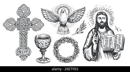 Catholic Symbols vector set of 4, vintage engraving. Catholic symbolism ...