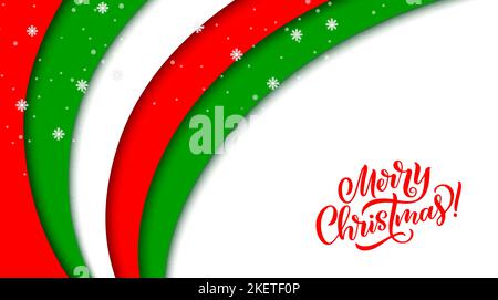 Christmas paper cut template with waves and snowflakes. Merry Xmas and winter holidays vector greeting card with 3d layered papercut border of color curves, white decorative snow and ice crystals Stock Vector