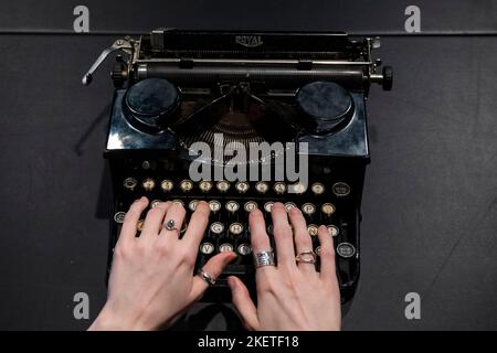 London, UK.  14 November 2022. 'Orson Welles: A Royal Portable Typewriter Owned By Orson Welles', manufactured circa 1931, (Est. £5,000 - 7,000) at a preview of Bonhams Rock, Pop & Film sale offering a variety of memorabilia from pop culture.  The auction takes place on 16 November at Bonhams Knightsbridge galleries.  Credit: Stephen Chung / Alamy Live News Stock Photo