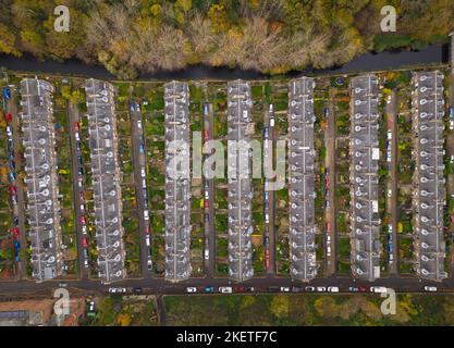 Aerial view of rows of terraced colony houses at  Stockbridge, Edinburgh, Scotland, UK Stock Photo