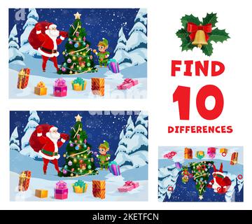 Find ten differences, Christmas kids game quiz, vector cartoon winter holiday puzzle. Santa with gifts at Christmas tree and elf on kids puzzle worksheet to find difference on pictures Stock Vector