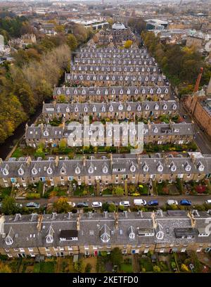 Aerial view of rows of terraced colony houses at  Stockbridge, Edinburgh, Scotland, UK Stock Photo