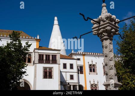 The 11th century Moorish Sintra National Palace (Palácio Nacional de Sintra) in Sintra, Portugal. Sintra was once the home of Portugal’s monarchs. Stock Photo