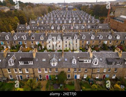 Aerial view of rows of terraced colony houses at  Stockbridge, Edinburgh, Scotland, UK Stock Photo