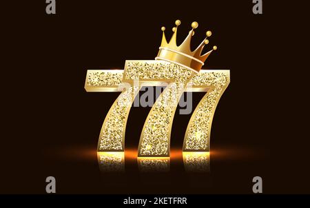 Three golden glittering sevens on black background. Luxury casino banner Big win slots 777 . Vector illustration Stock Vector