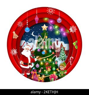 Christmas paper cut santa, holiday tree and snowy town. Vector xmas holiday papercut double exposition design with 3d effect round frame, father noel in red costume and elf in night city with snow Stock Vector
