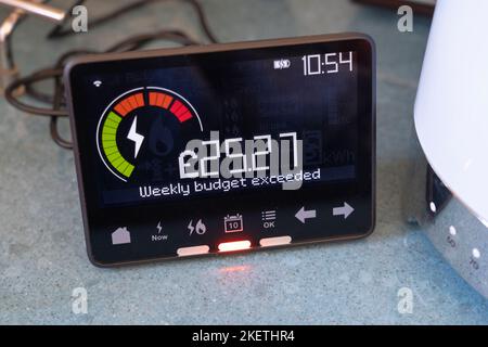 Smart energy meter showing electricity usage & that the weekly budget has been exceeded. Theme: cost of living, rising energy bills, living standards Stock Photo