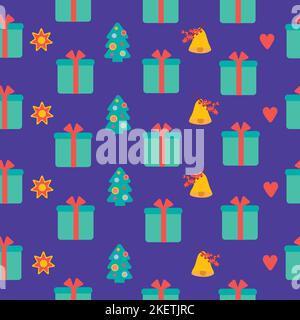 Gift box seamless pattern on purple background. Colourful Christmas background. Stock Vector