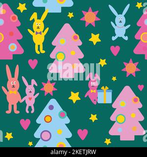 Christmas tree and bunny seamless pattern on green background. Stock Vector