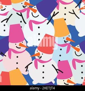 Large scale snowmen seamless pattern. Colourful Christmas background. Stock Vector