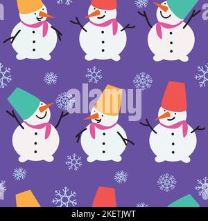 Snowmen in a row and snowflakes on purple background. Cute Christmas seamless pattern. Stock Vector