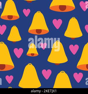 Yellow bell and pink heart seamless pattern on blue background. Colourful Christmas repeated pattern. Stock Vector