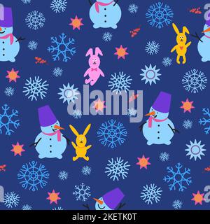 Snowmen, rabbits and snowflakes on dark blue background. Cute Christmas seamless pattern. Stock Vector